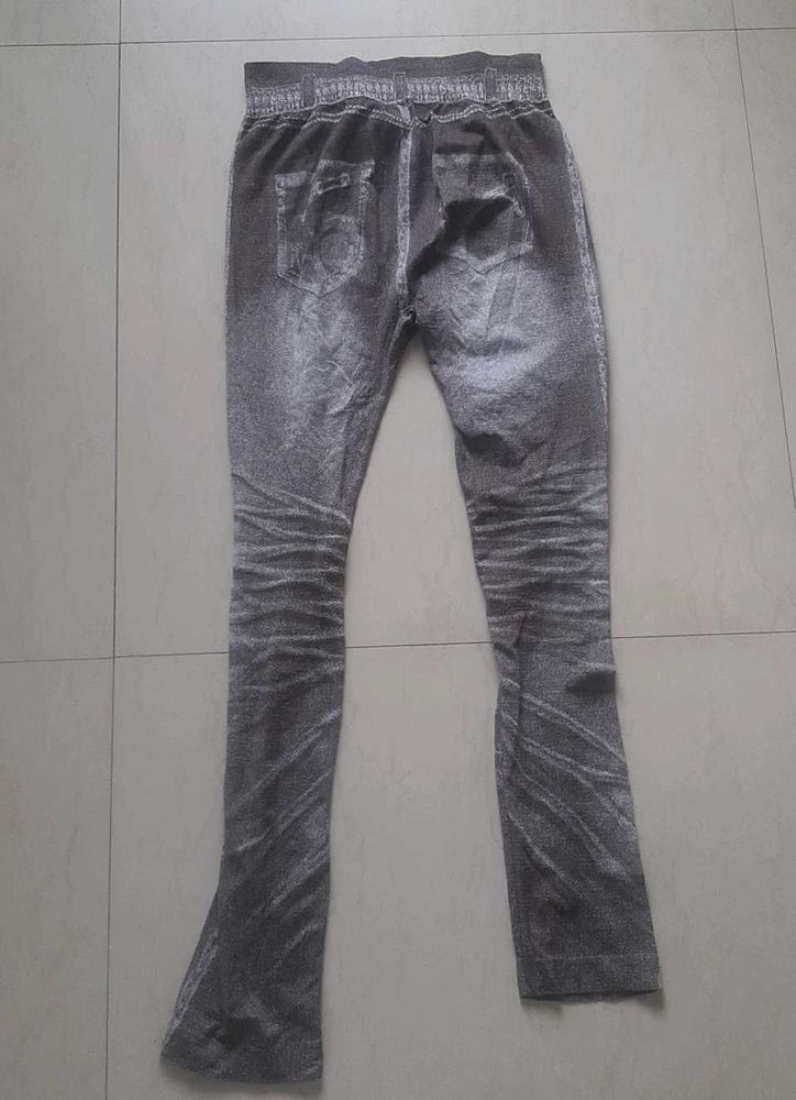 Stylish Distressed Grey Denim Look Leggings