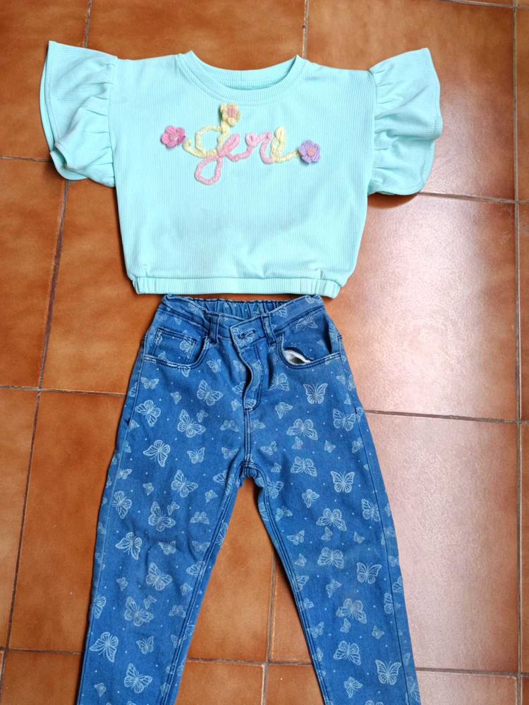 Cute Girls Butterfly Jeans &amp; Top Set
