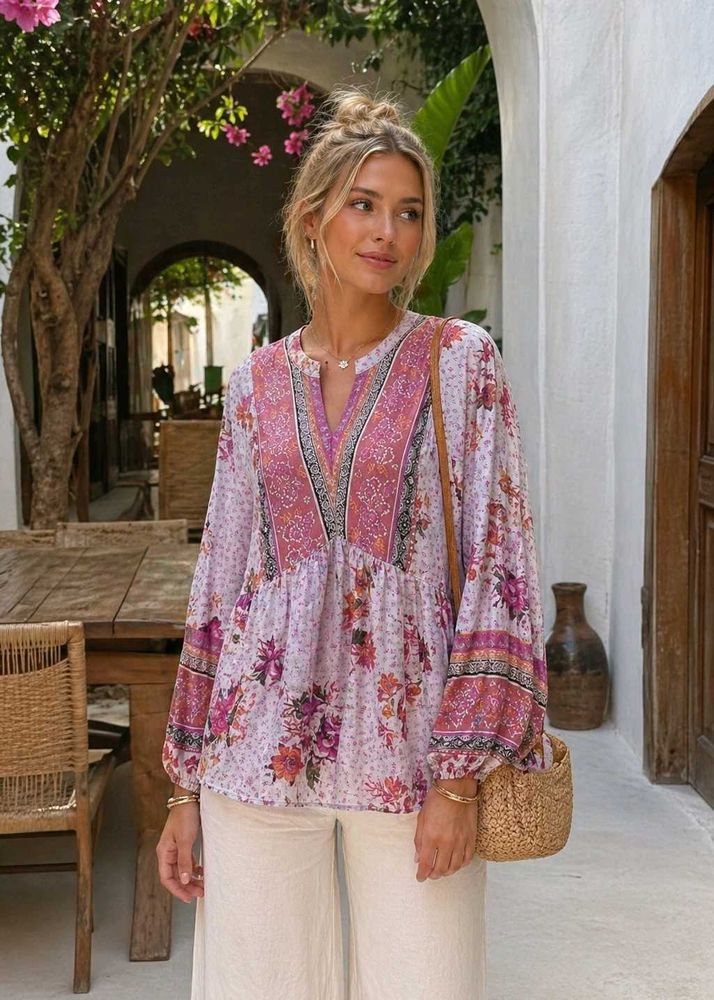 Boho Floral V-Neck Peasant Blouse