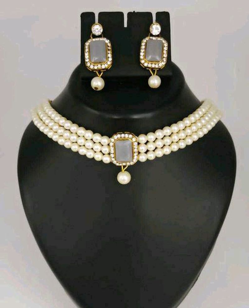 Elegant Pearl &amp; Grey Stone Choker Set