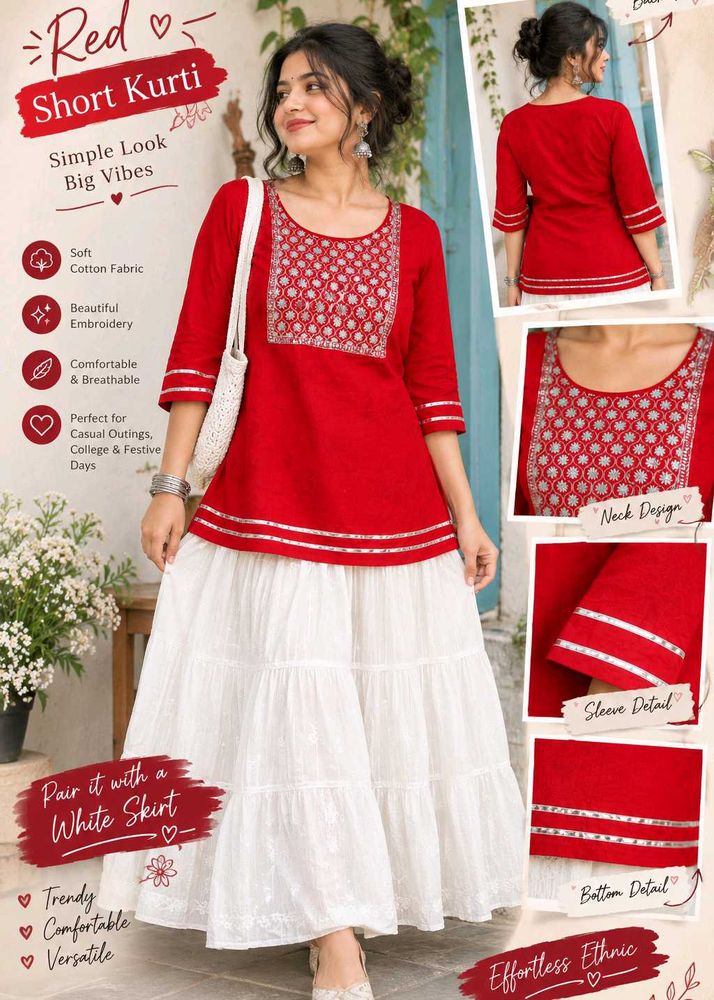 Red Short Kurti with Embroidery