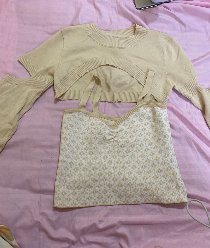 Cute Cream Knit Crop Top Set