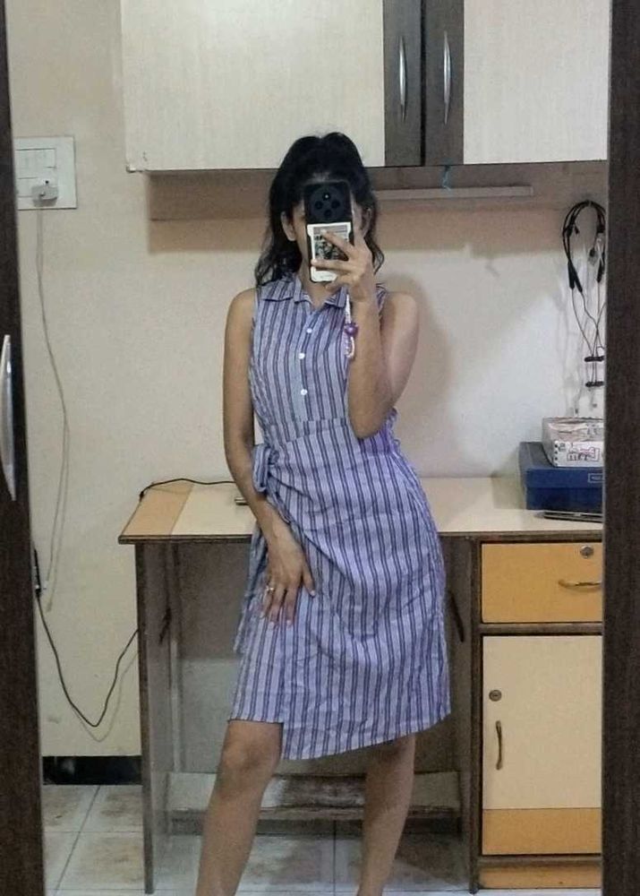 Purple Striped Shirt Dress with Waist Tie