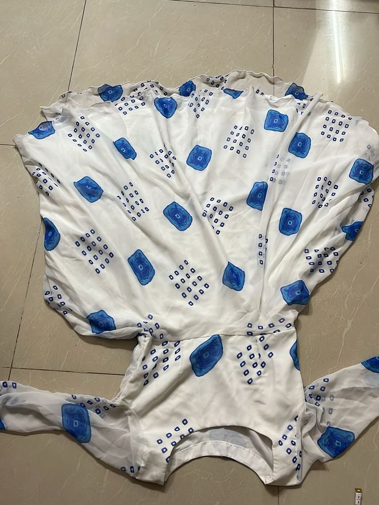 White umbrella Kurta with Blue Bandhani Print