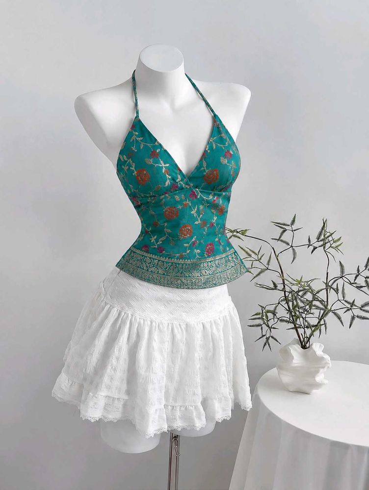 y2k Elegant Teal Floral Halter Top
