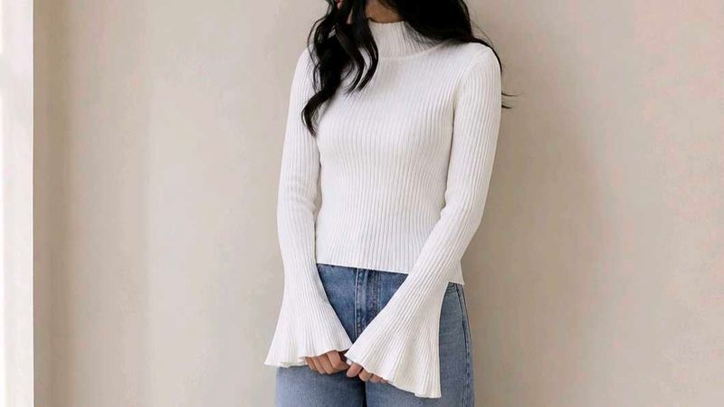 White Ribbed Bell Sleeve Turtleneck Top