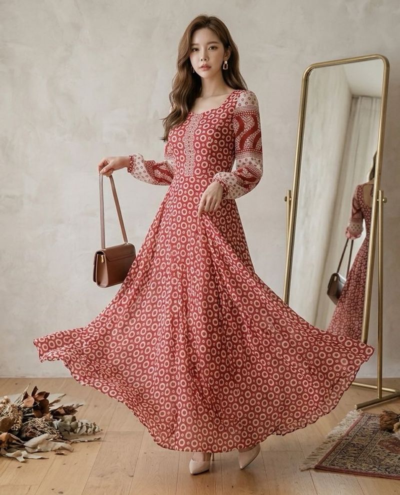 designer Bohemian Red Circle Print Maxi Dress