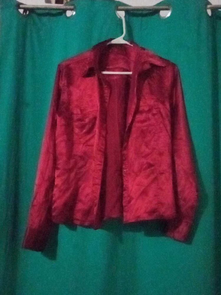 Red Satin Button-Up Shirt