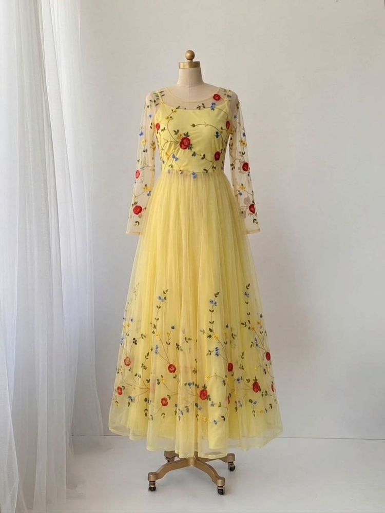 Yellow Floral Embroidered Tulle Gown