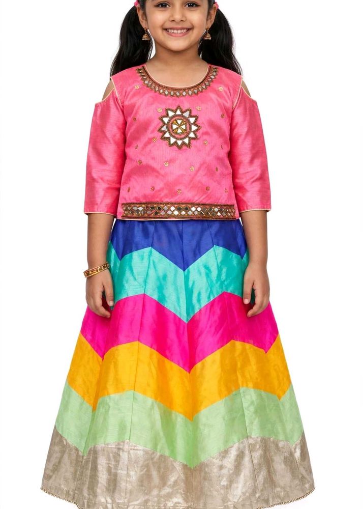 Girls Pink Cold Shoulder Top &amp; Chevron Skirt