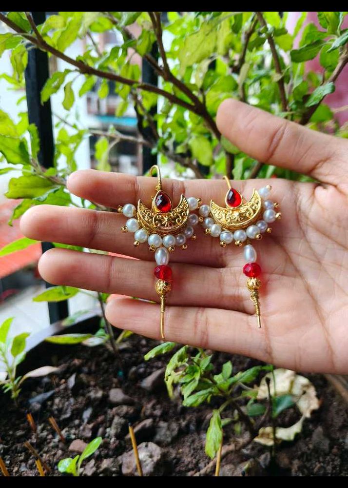 Elegant Gold-Plated Pearl &amp; Red Stone Earrings