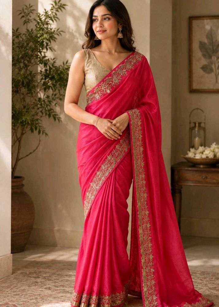 Vibrant pink Saree with Gold Border