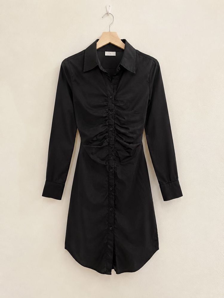 Chic Black Ruched Shirt Dress