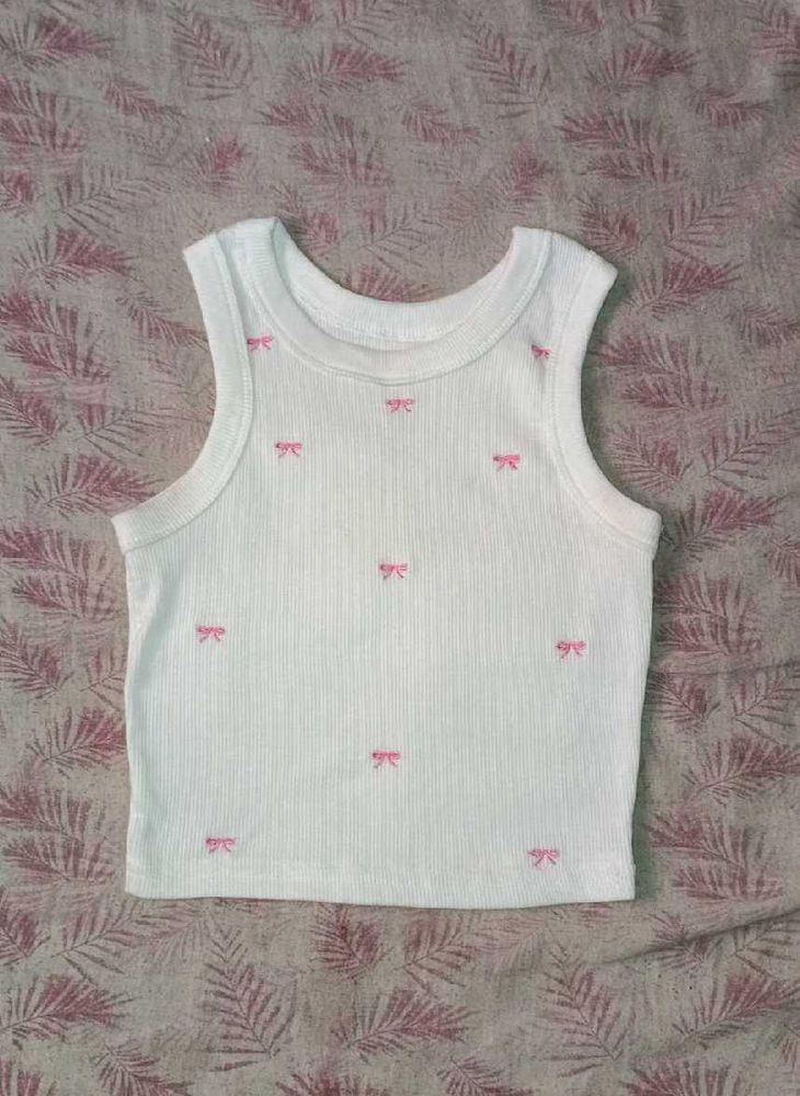 Cute White Ribbed Tank Top with Bows