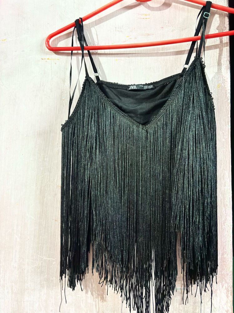 ZARA Black Fringe Camisole Top