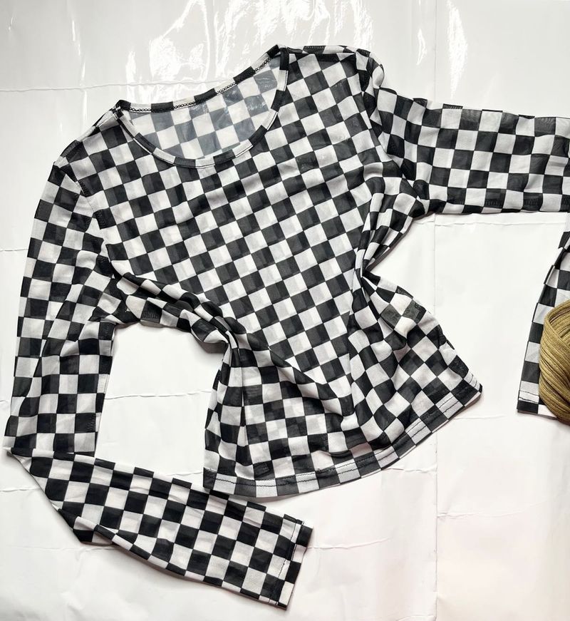 Checkerboard Mesh Long Sleeve Top
