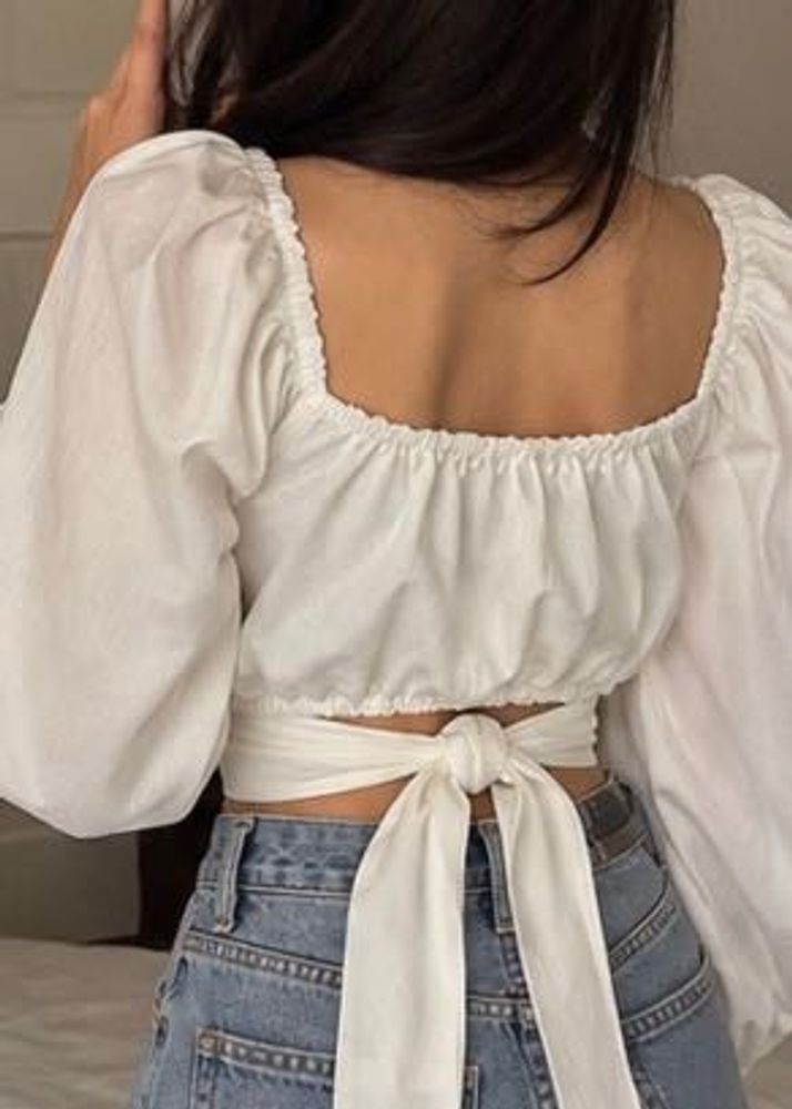 White Ruched Crop Tie-Back Puff Sleeves