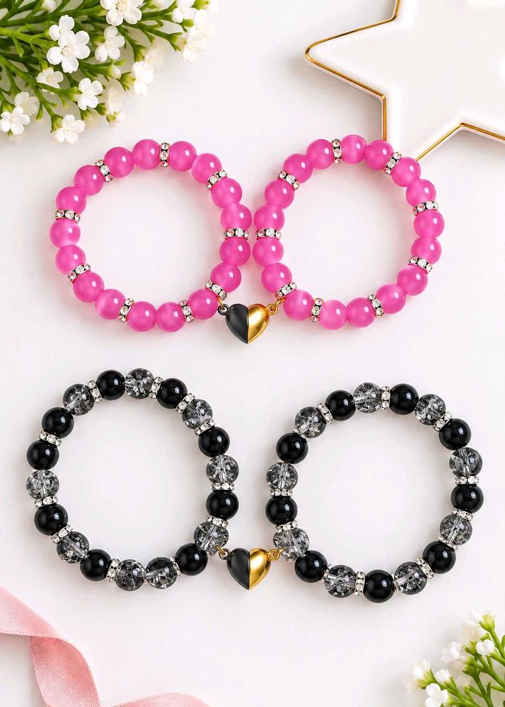 Set of 2 Heart Charm Beaded Bracelets