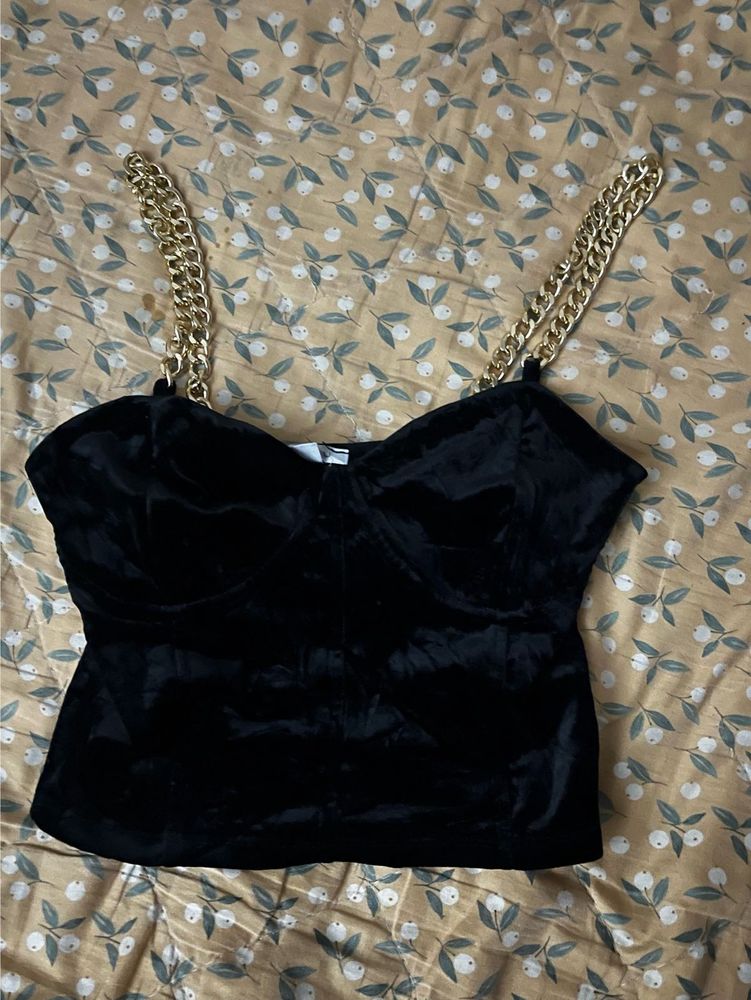 Black Velvet Chain Strap Crop Top