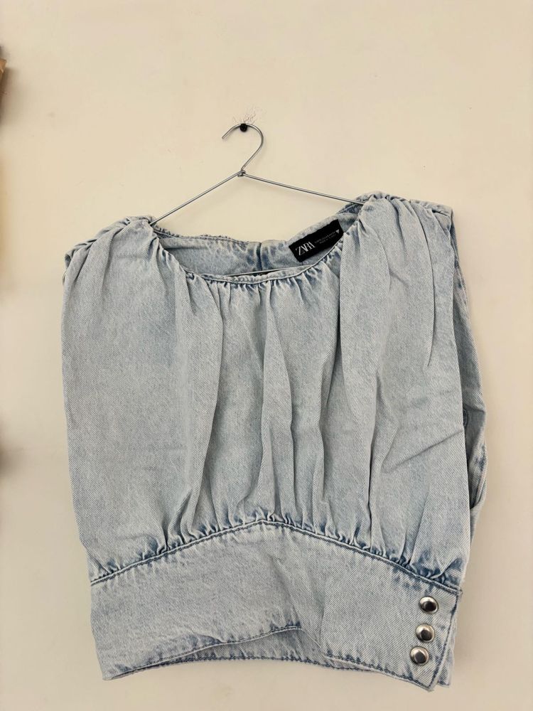 Zara Denim Puff Sleeve Top