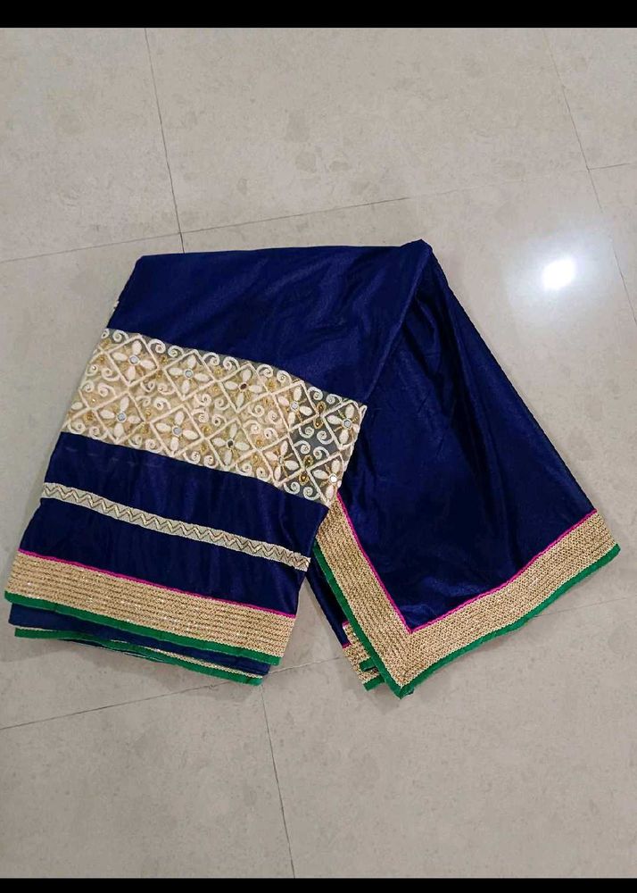 Elegant Blue Velvet Saree with Golden Embroidery