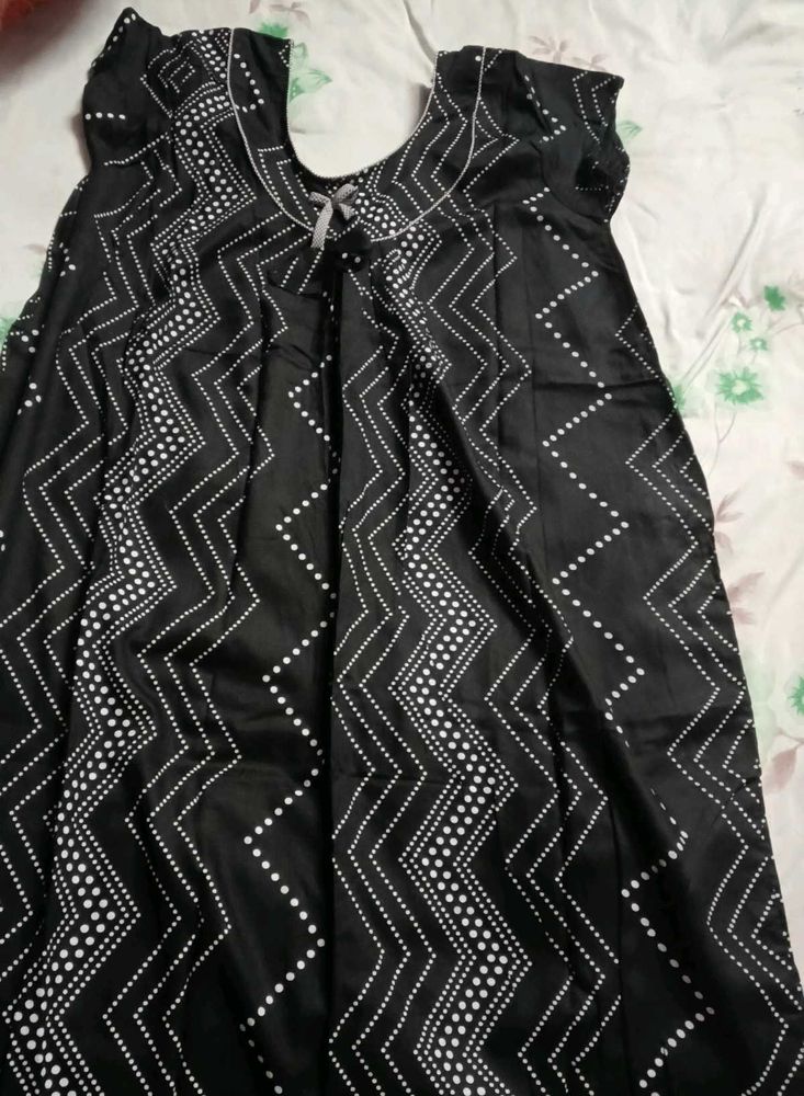 Stylish Black Nightgown with White Print