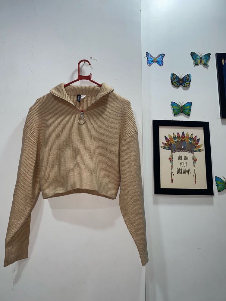 Beige Cropped Knit Sweater