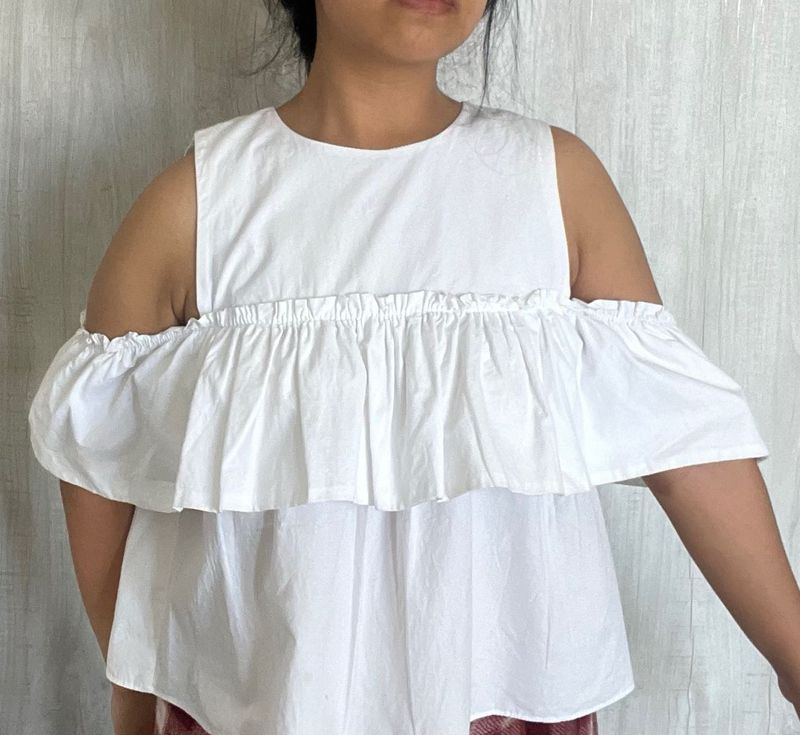 Elegant White Ruffle Cold Shoulder Top