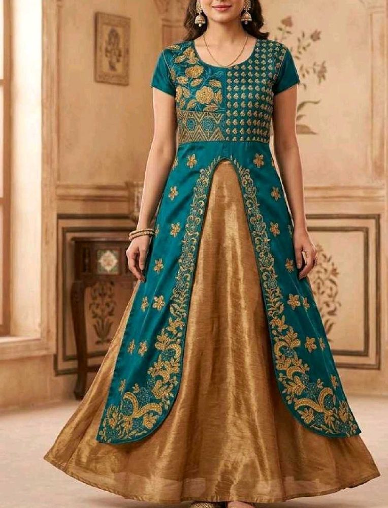 Stunning Teal &amp; Gold Embroidered Gown