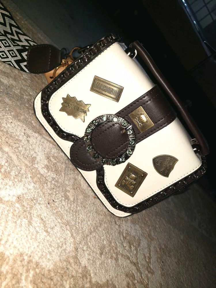 Chic White &amp; Brown Crossbody good quality  Bag
