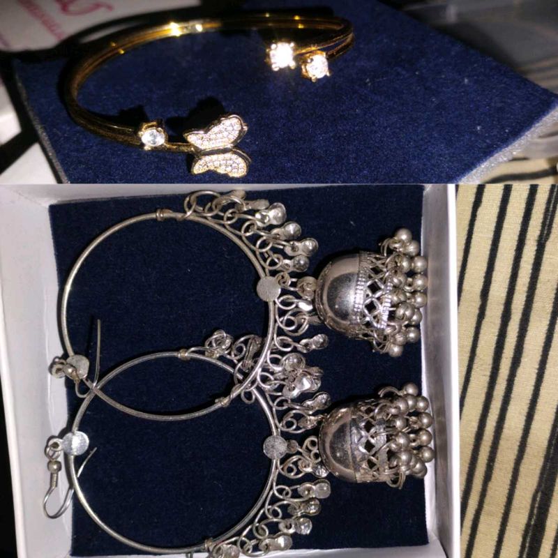 Combo of Silver Jhumka and Gold Bracelet