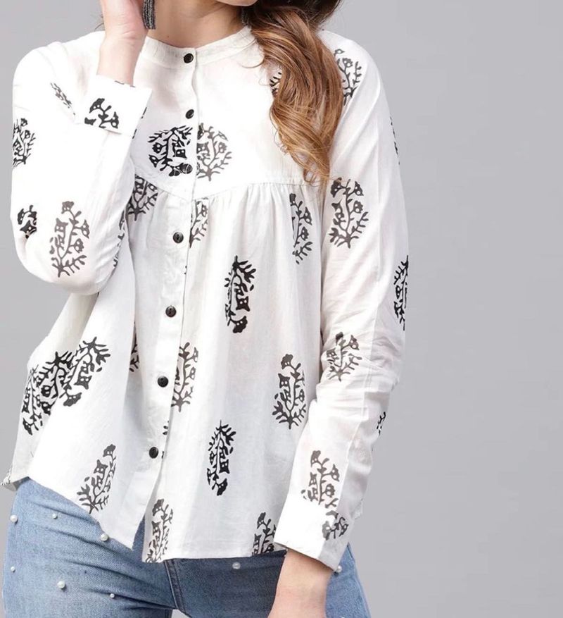 White Block Print Kurta Top