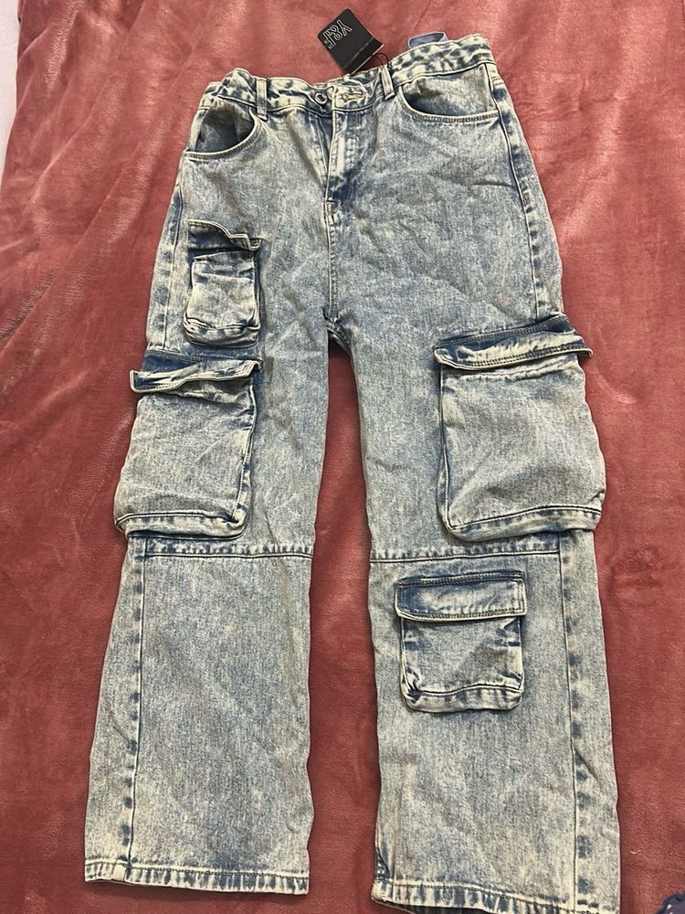Womens Acid Wash Cargo Jeans