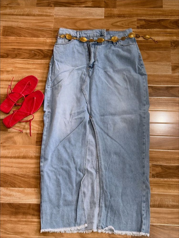 Light Wash Denim Maxi Skirt with Slit