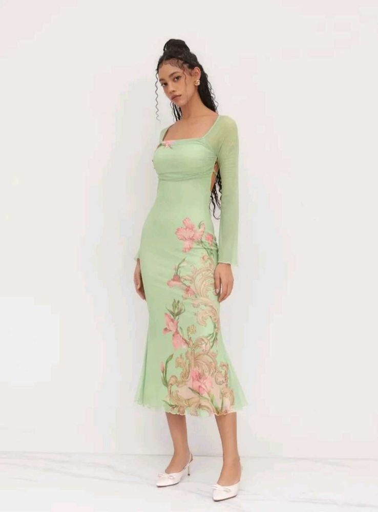 Light Green Floral Mesh Dress