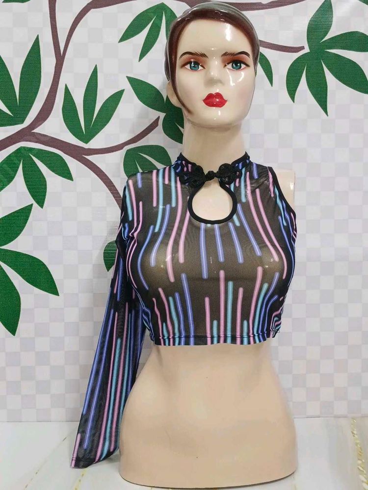 (600)Neon Striped Sheer Crop Top