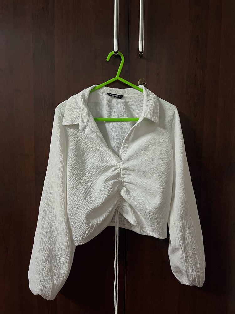 Chic Ruched White Cropped Top