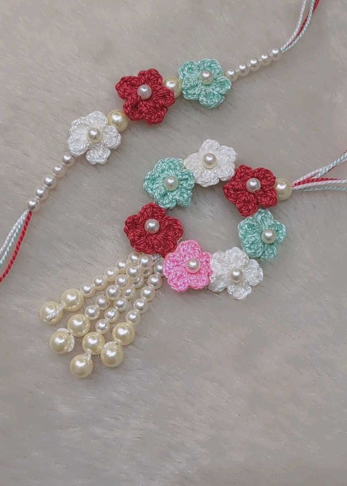 Handmade Crochet Flower Rakhi with Pearls