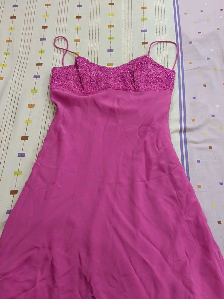 Stunning Pink Embellished Spaghetti Strap Dress