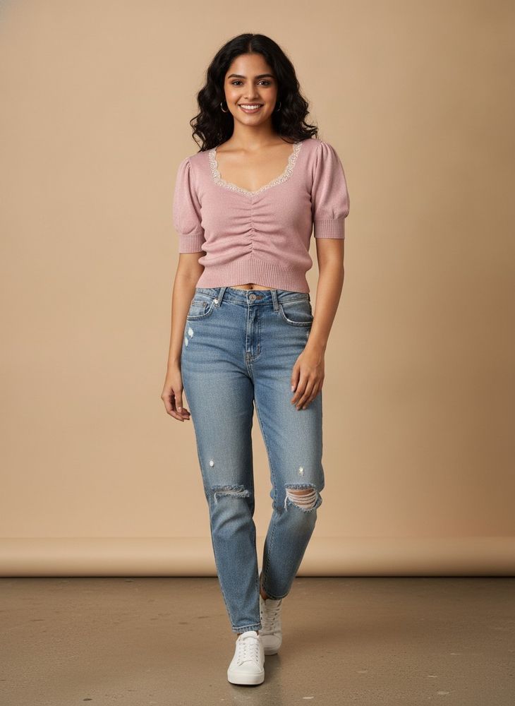 Chic Ruched Knit Top with Lace Trim