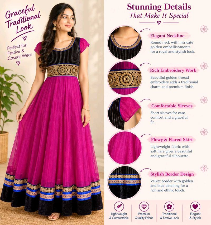 Heavy work velvet and net pink Anarkali L SIZE