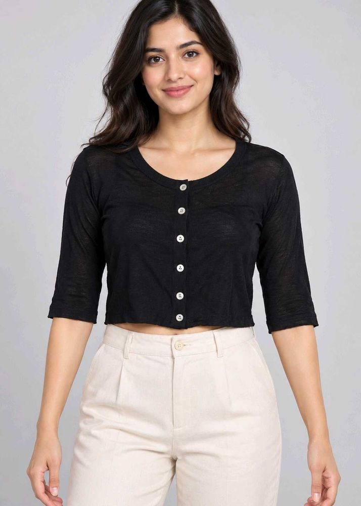 Chic Black Cropped Button-Up Top
