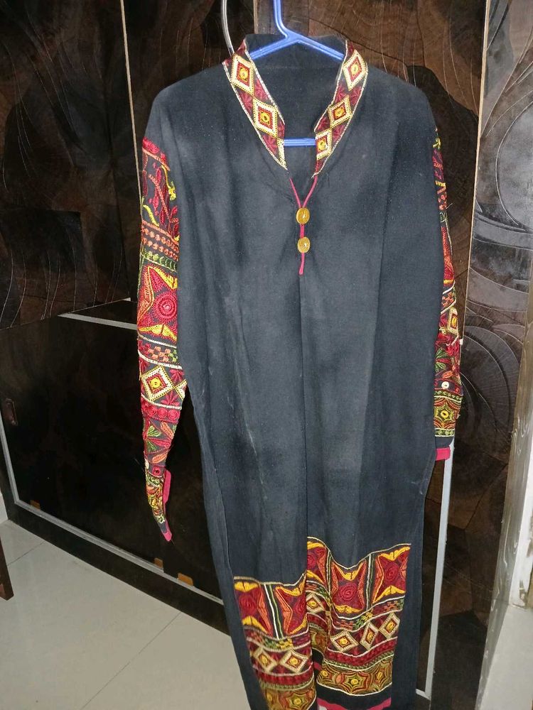 Black Kurta with Embroidered Sleeves