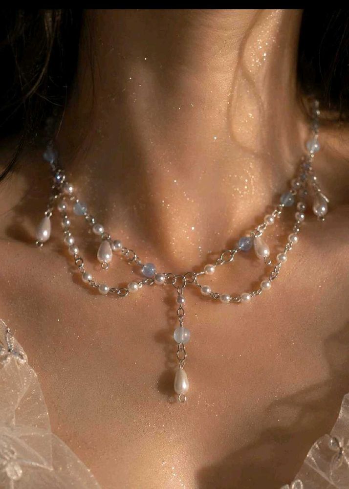 y2k blue pearl fairy necklace