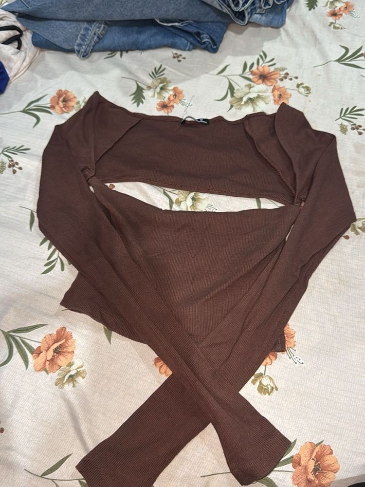 Brown Cut-Out Long Sleeve Top