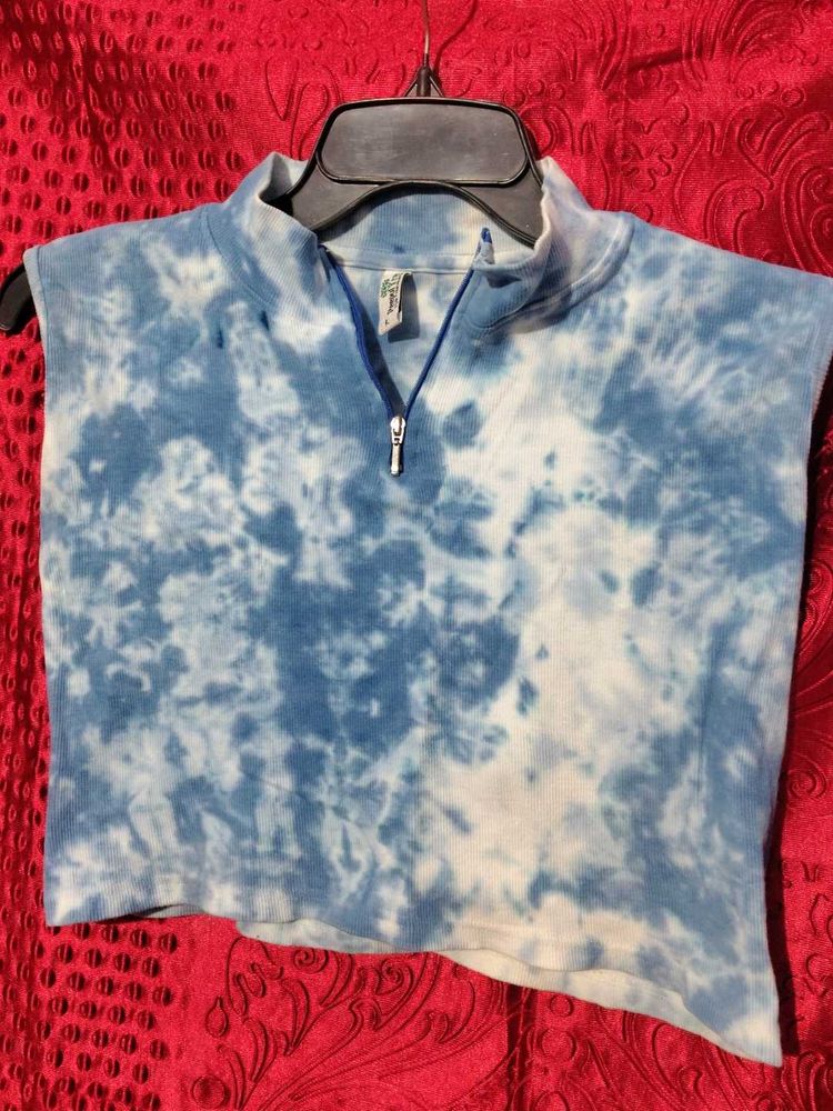 Blue Tie-Dye Cropped Half-Zip Top
