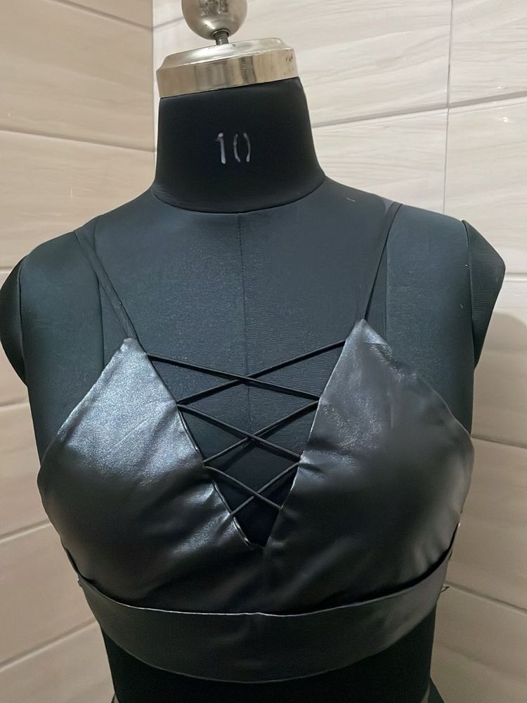 34 Black Faux Leather Lace-Up Crop Top