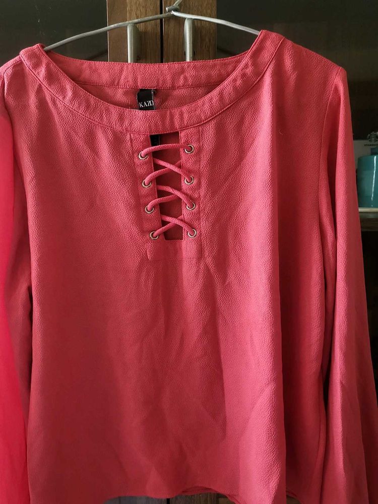 Kazo Coral Lace-Up Blouse