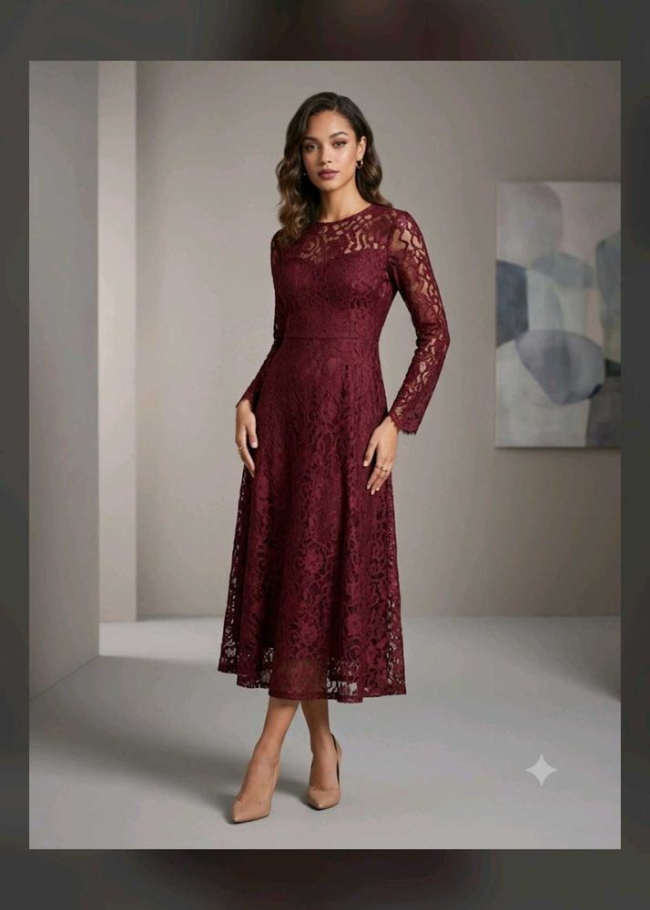 Elegant Lace Western Dress- Maroon
