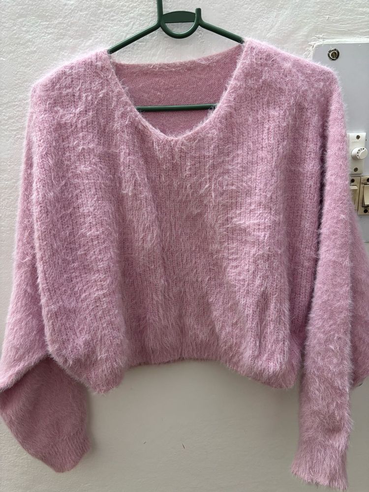 Fluffy Pink Cropped Sweater